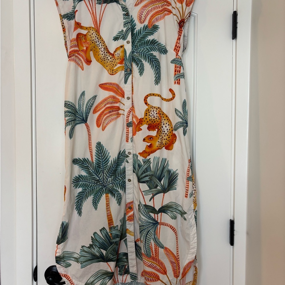 Anthropologie Maeve Lillian Cap-sleeve Jungle Leopard Midi Shirt Dress - Picture 3 of 10